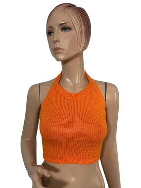 Gab & Kate Orange Knit Halter Crop Top Open Back Tie Size Medium